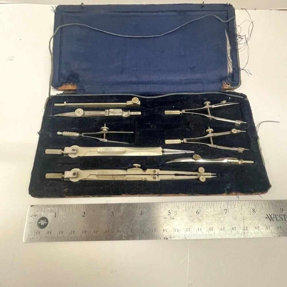 Antique Drafting Tool Set Vintage‎ Compass Divider Ruling Pen Architectural Case